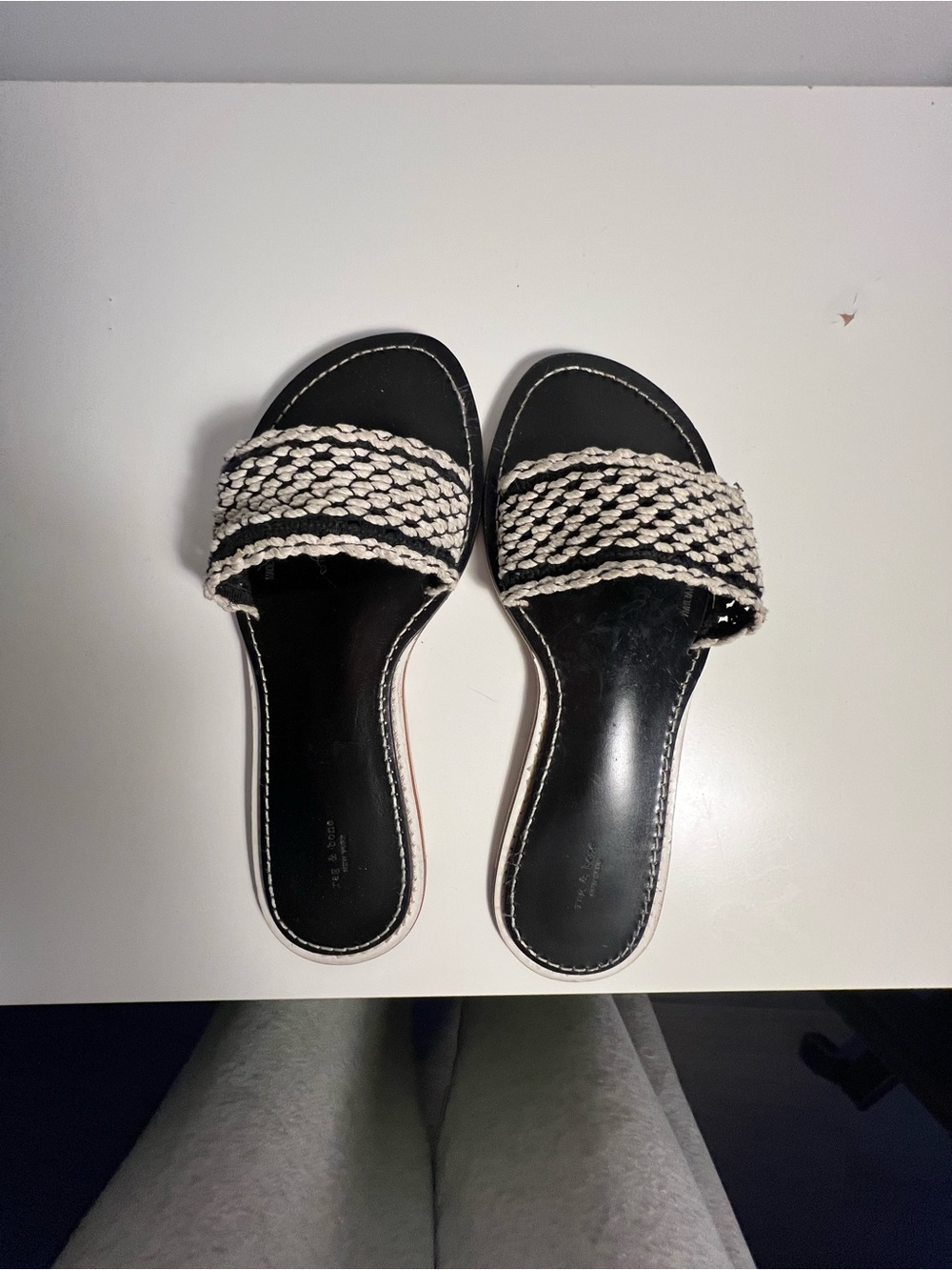 rag & bone Black Slide Sandals with Woven Cream Strap